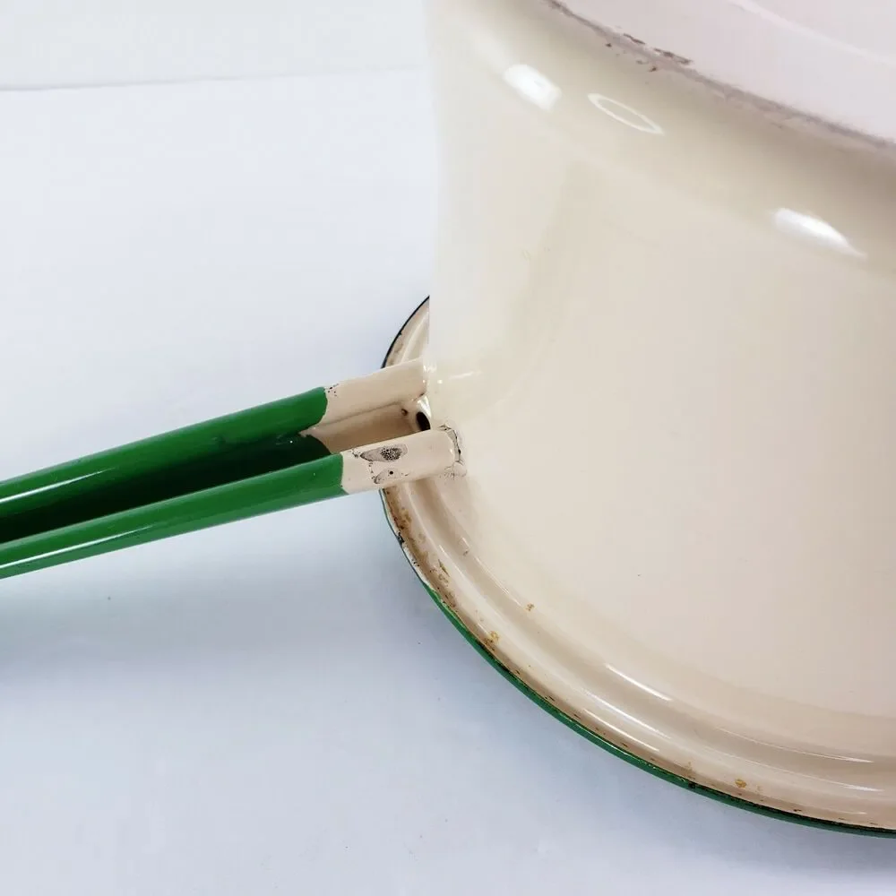 Vtg Cream & Green Enamel Sauce Pan Stock Pot w/ Lid Primitive Camping Rustic